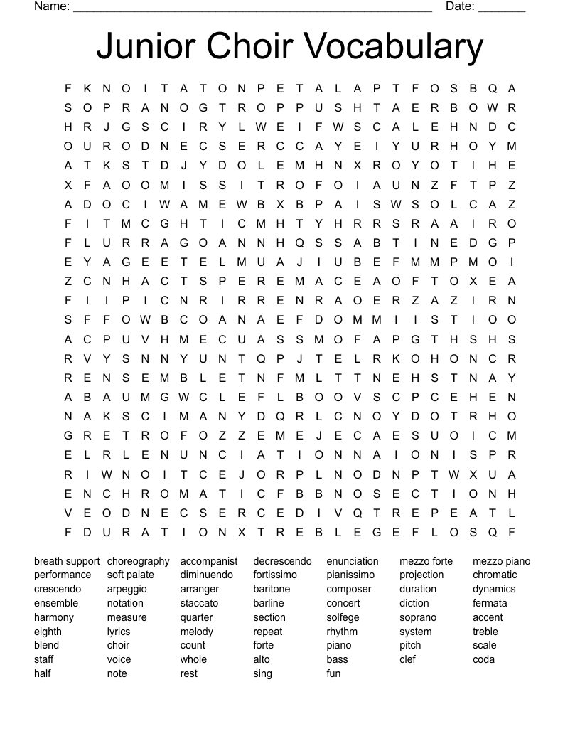 Junior Choir Vocabulary Word Search
