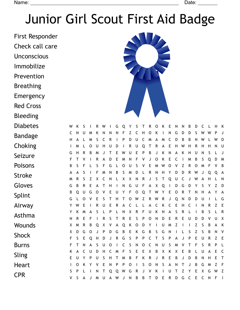 Junior Girl Scout First Aid Badge Word Search