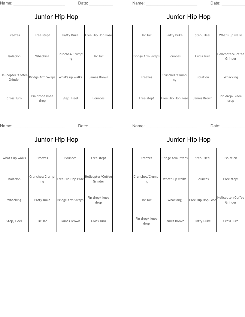 Junior Hip Hop  Bingo Cards