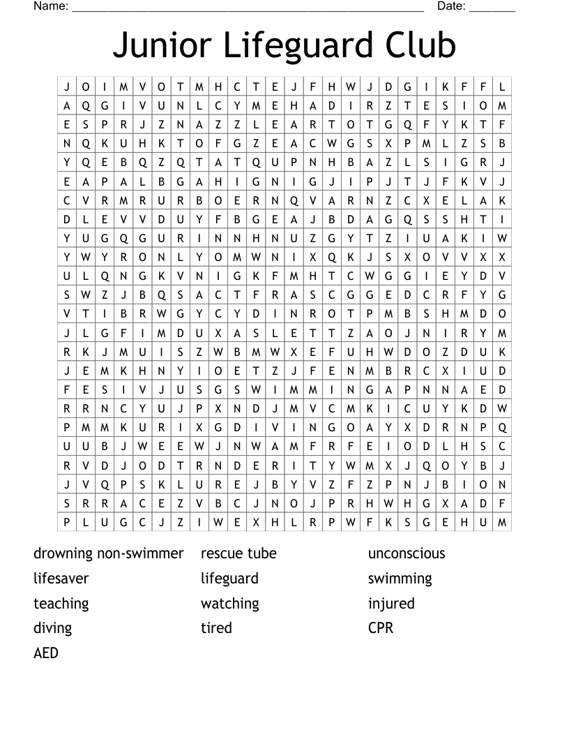 Junior Lifeguard Club  Word Search