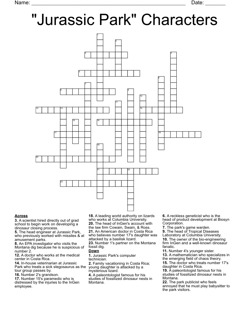 "Jurassic Park" Characters Crossword