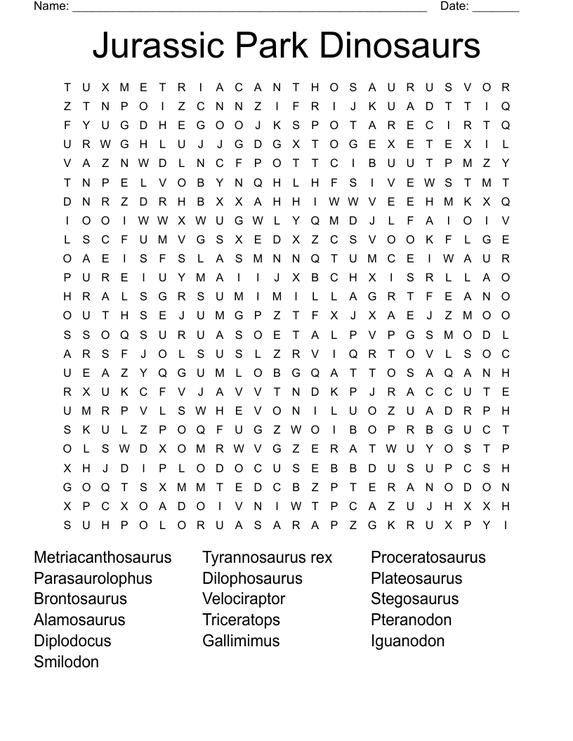 Jurassic Park Dinosaurs Word Search