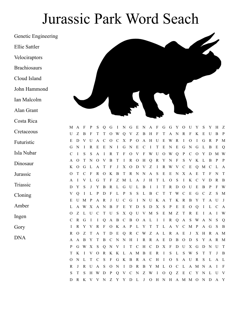 Jurassic Park Word Seach Word Search