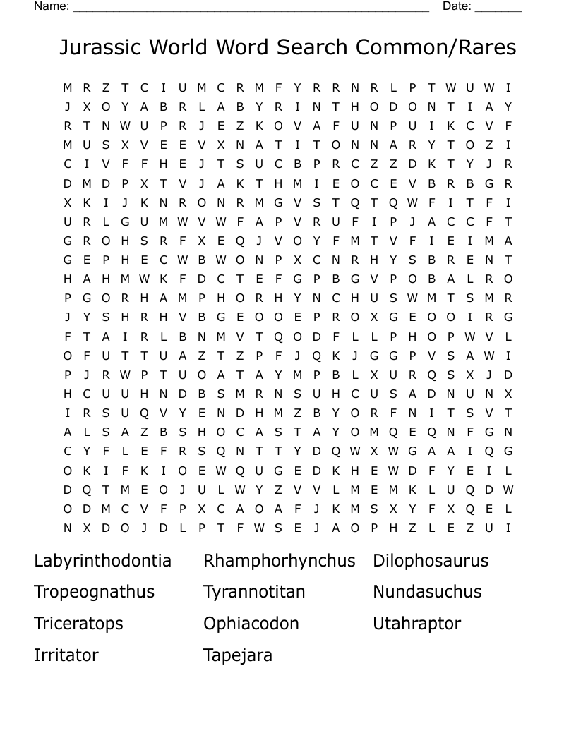 Jurassic World Word Search Common/Rares