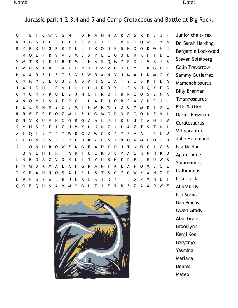 Jurassic park 1,2,3,4 and 5 and Camp Cretaceous and Battle at Big Rock. Word Search