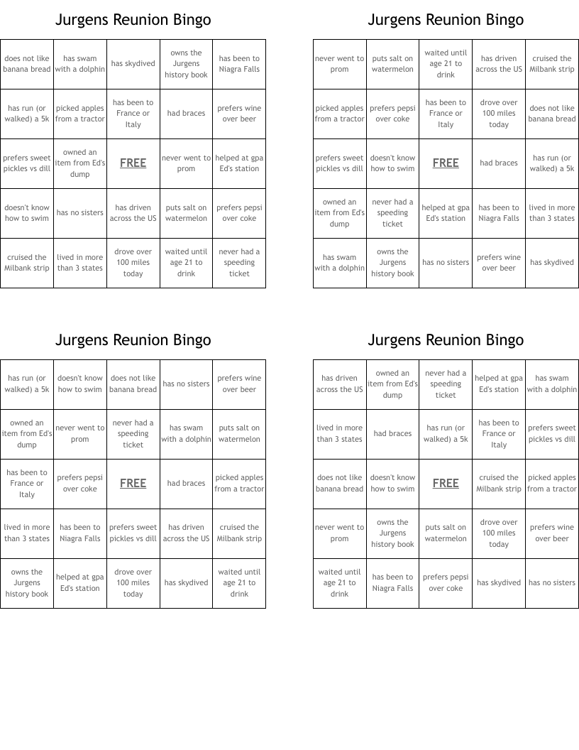 Jurgens Reunion Bingo