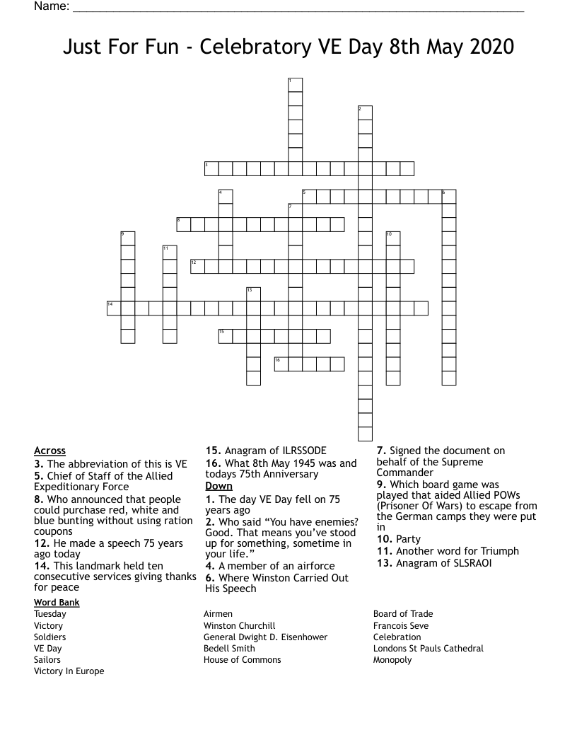 Just For Fun - Celebratory VE Day 8th May  2020 Crossword