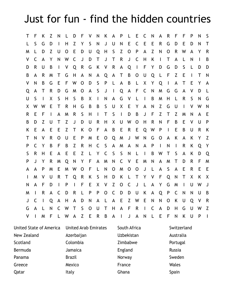 Just for fun - find the hidden countries Word Search