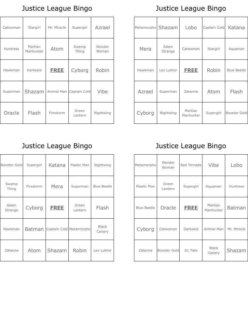 Justice League Bingo