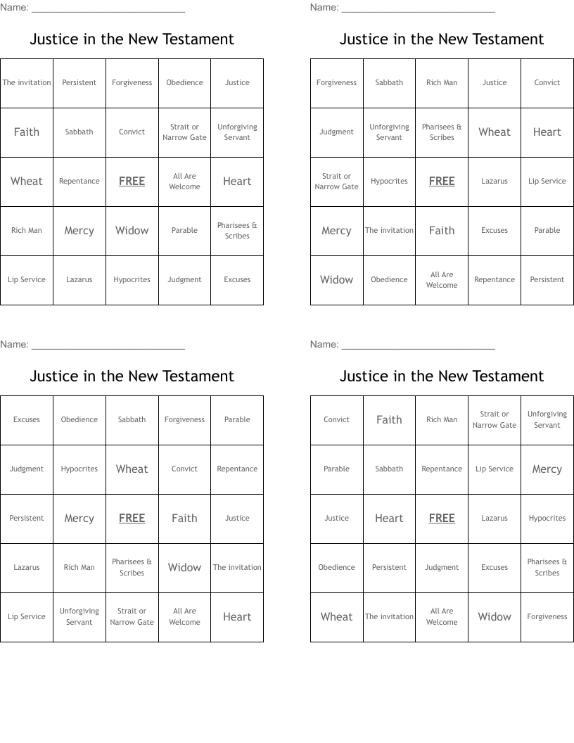 Justice in the New Testament Bingo Cards