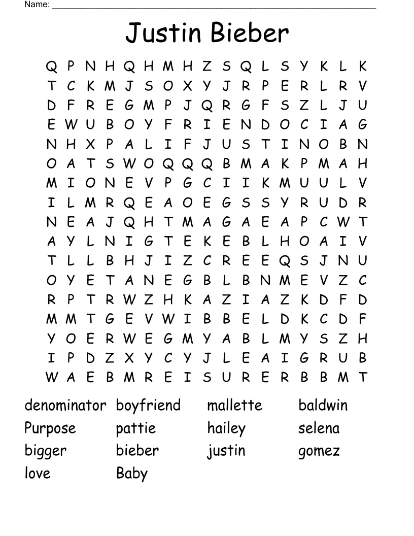 Justin Bieber Word Search