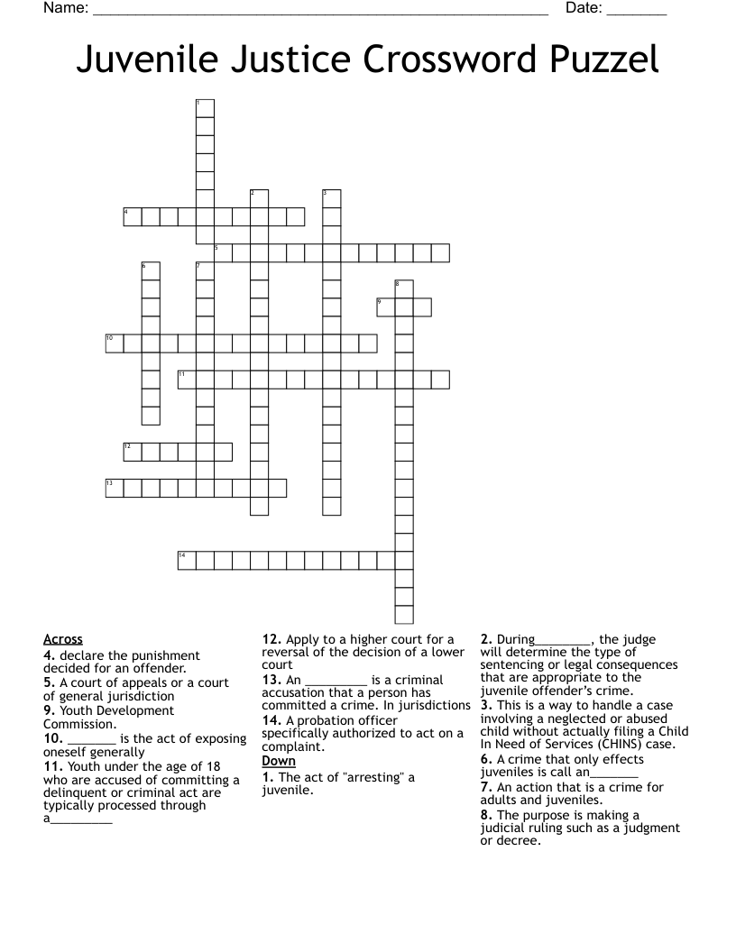 Juvenile Justice Crossword Puzzel