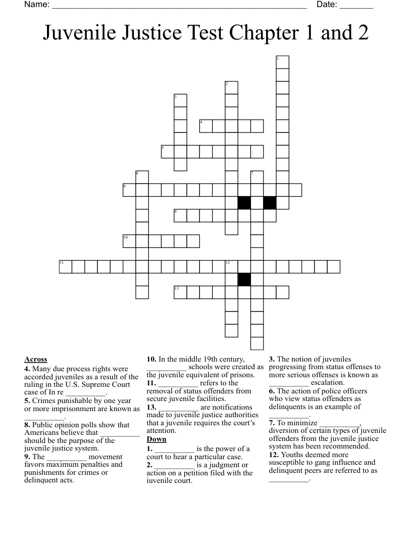 Juvenile Justice Test Chapter 1 and 2 Crossword