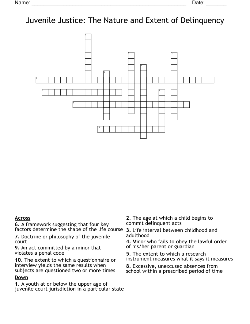 Juvenile Justice: The Nature and Extent of Delinquency Crossword