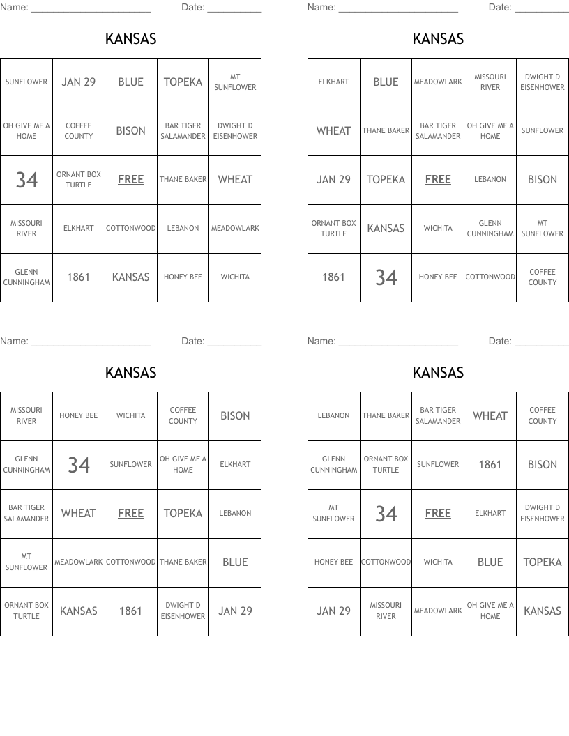 KANSAS Bingo Cards