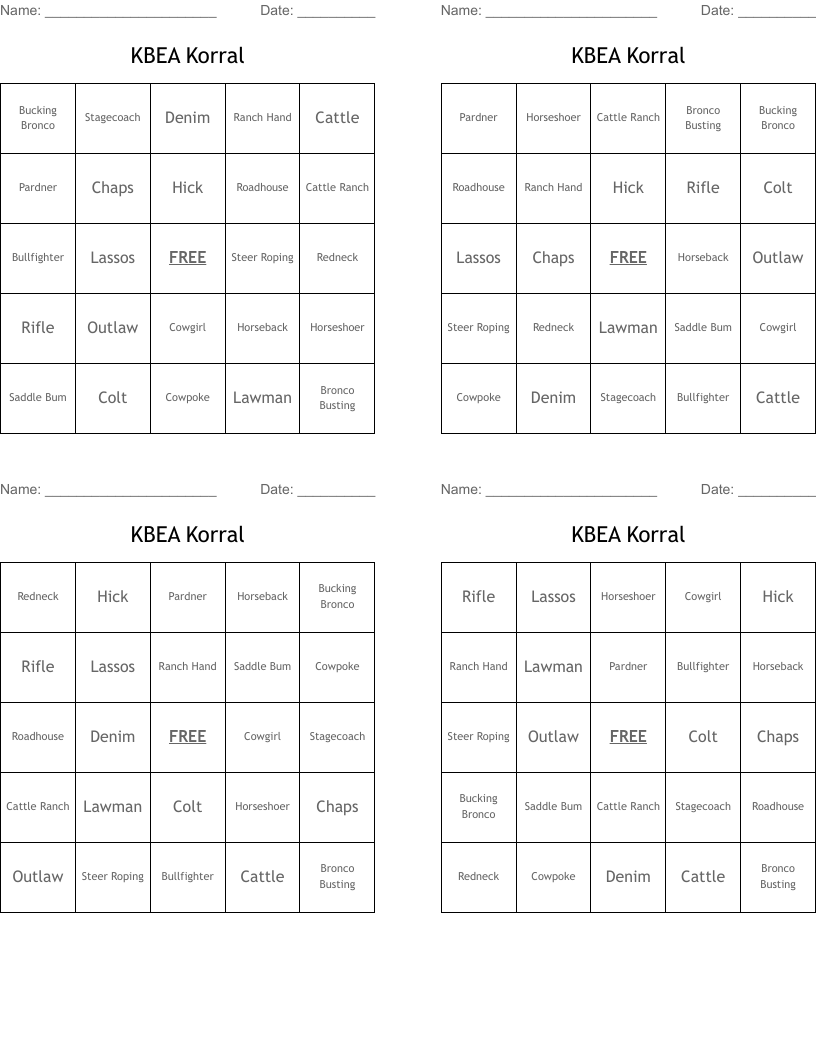 KBEA Korral Bingo Cards