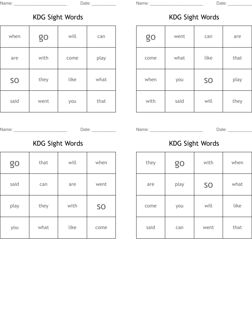 KDG Sight Words Bingo Cards