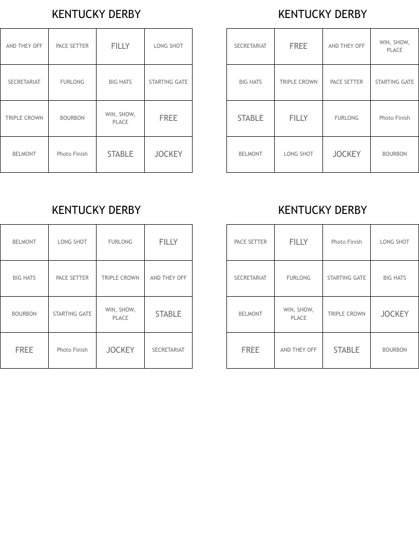 KENTUCKY DERBY Bingo Cards