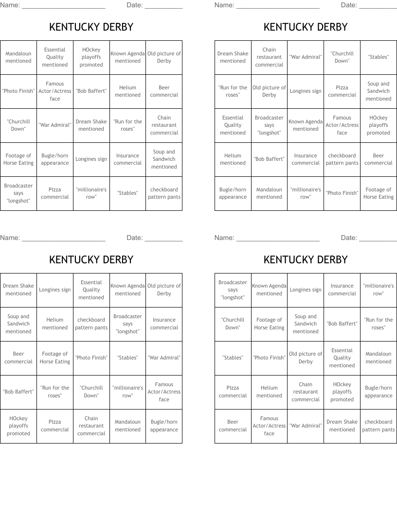 KENTUCKY DERBY Bingo Cards