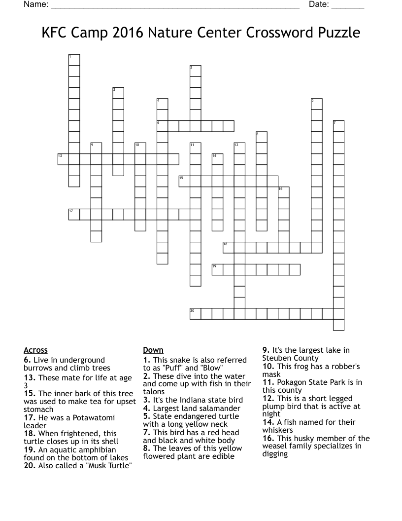 KFC Camp 2016 Nature Center Crossword Puzzle