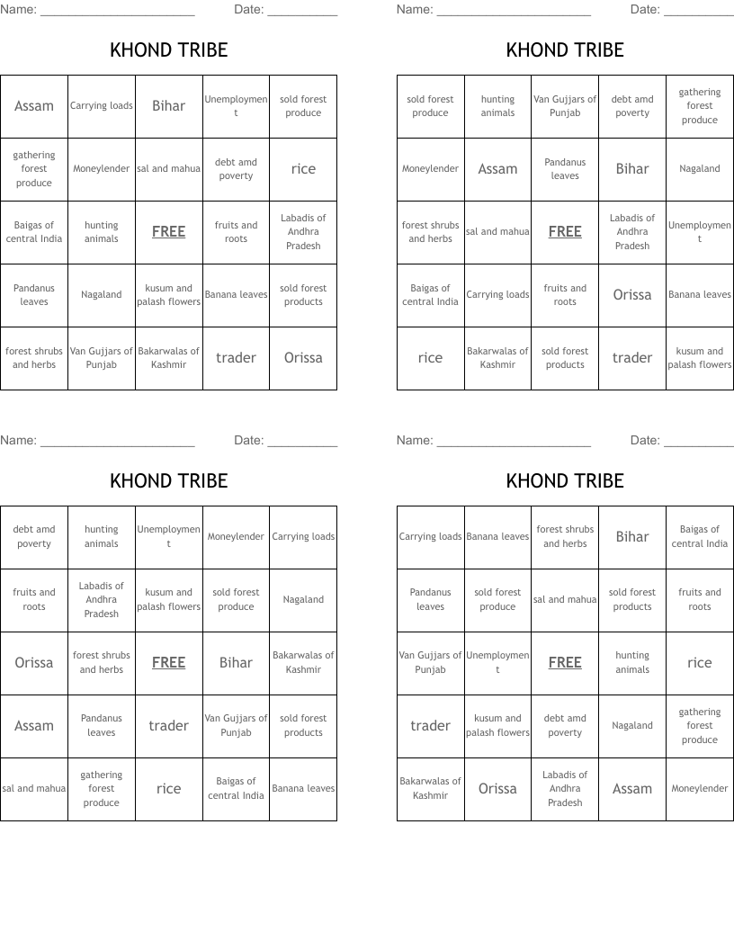 KHOND TRIBE Bingo Cards