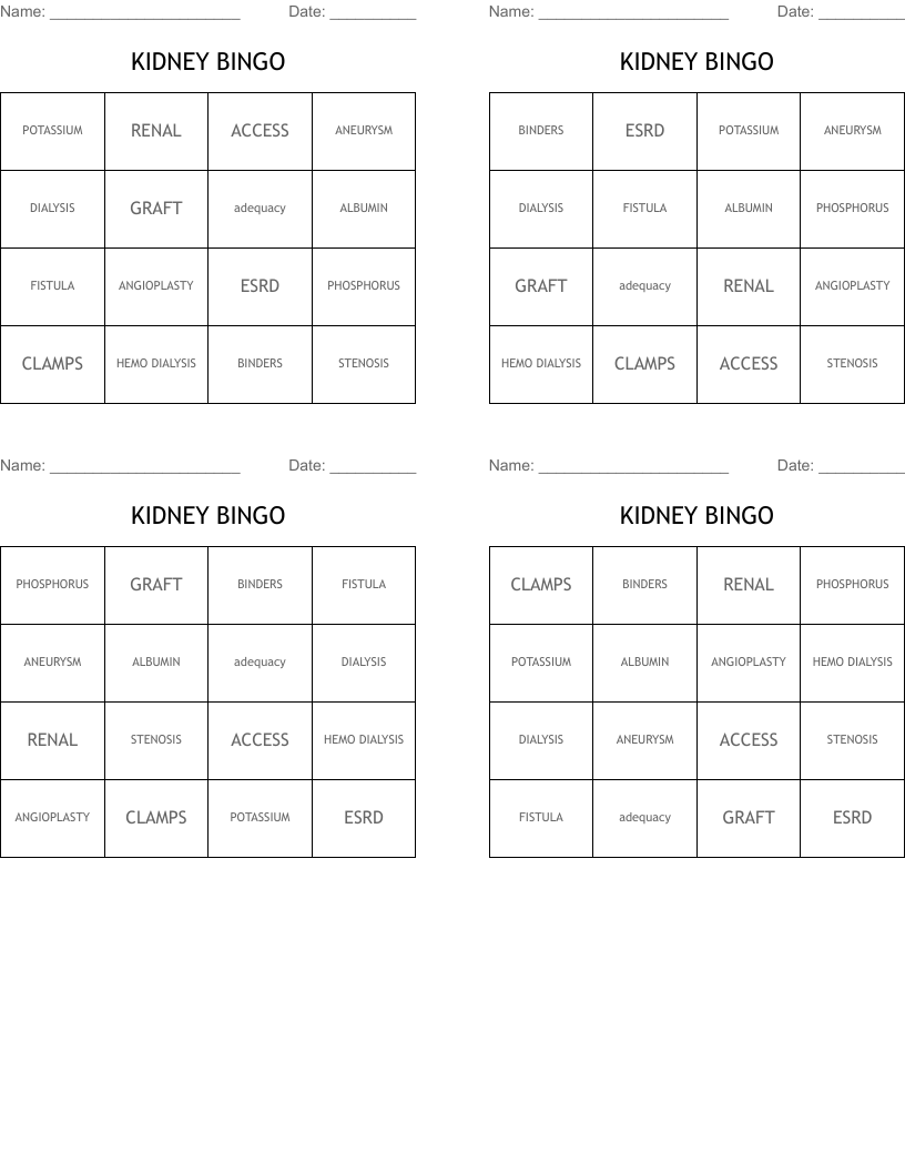 KIDNEY BINGO
