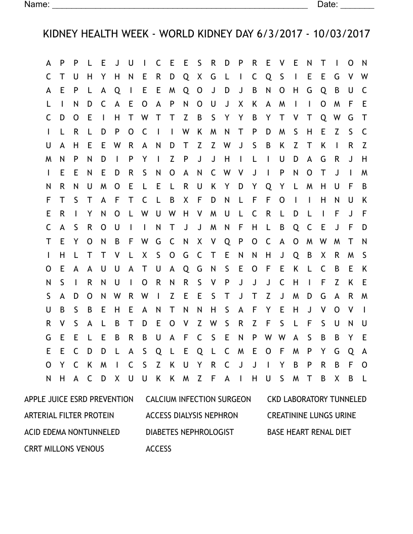 KIDNEY HEALTH WEEK - WORLD KIDNEY DAY 6/3/2017 - 10/03/2017 Word Search
