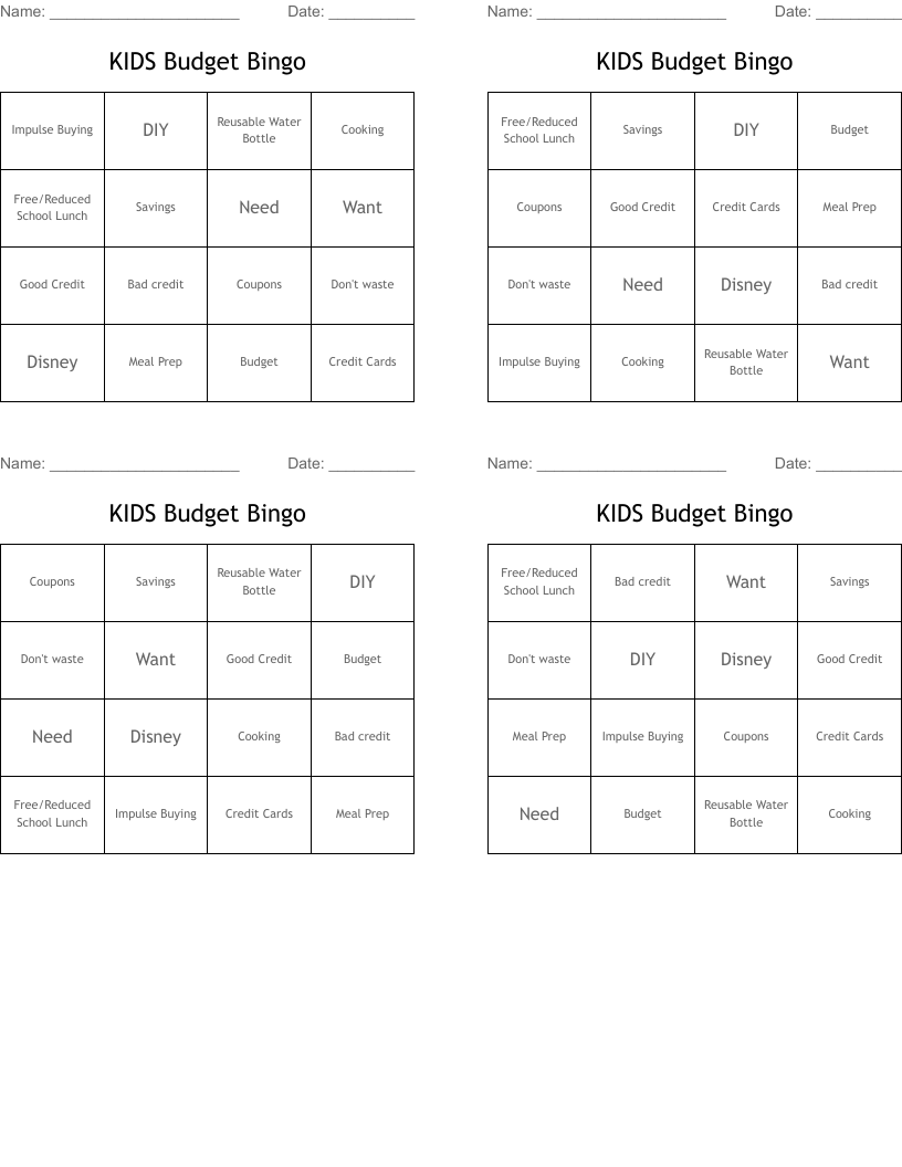 KIDS Budget Bingo