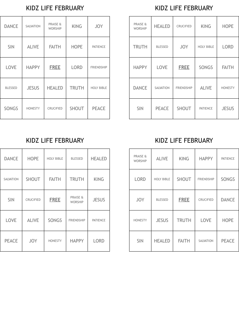 KIDZ LIFE FEBRUARY Bingo Cards