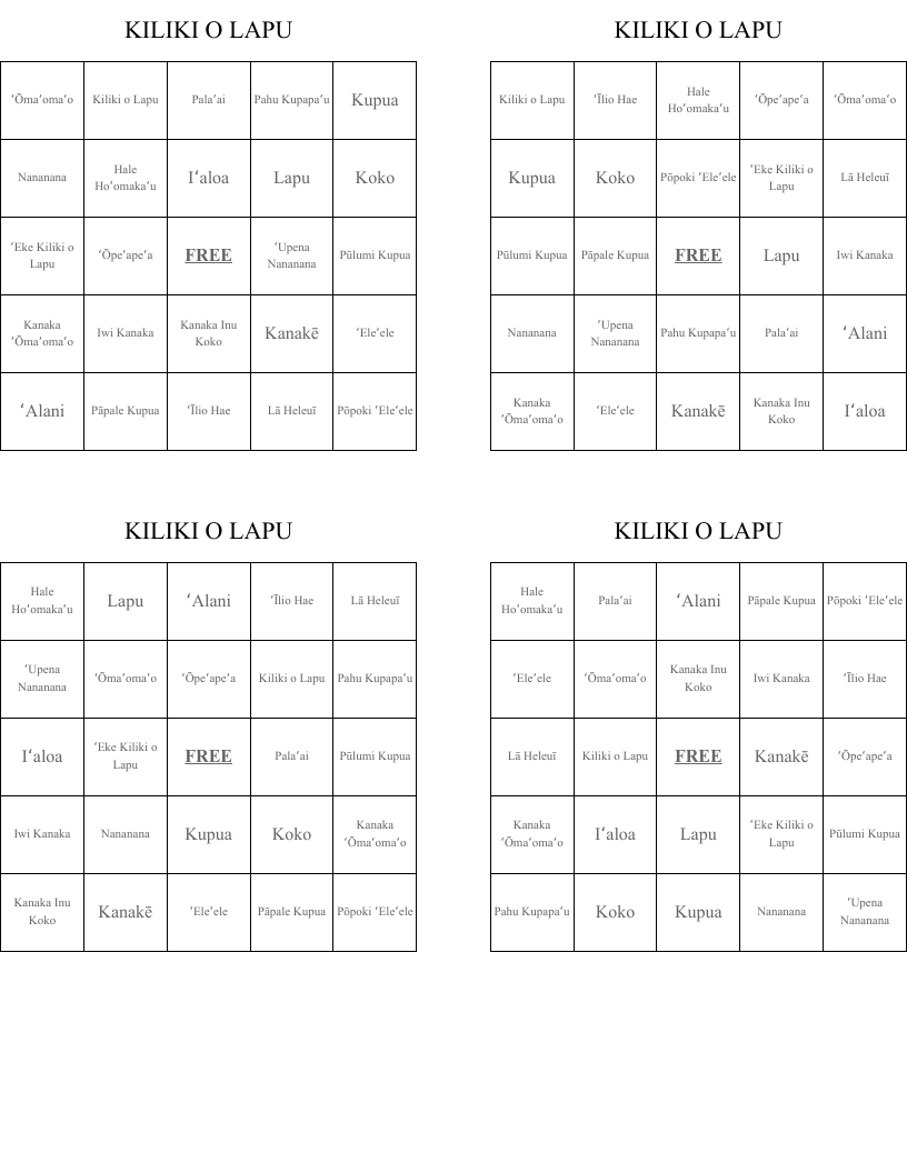 KILIKI O LAPU Bingo Cards