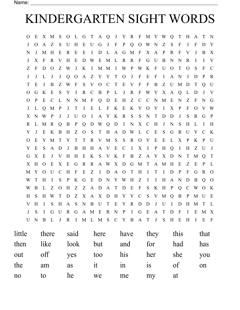 KINDERGARTEN SIGHT WORDS Word Search