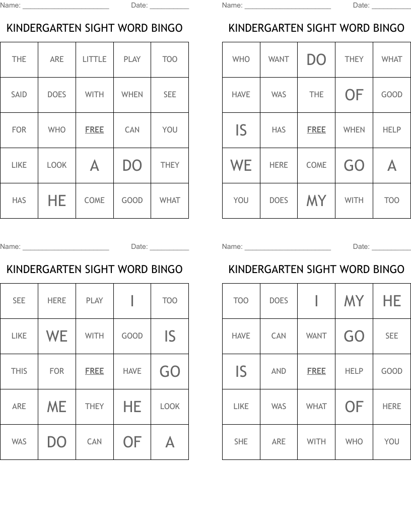 KINDERGARTEN SIGHT WORD BINGO