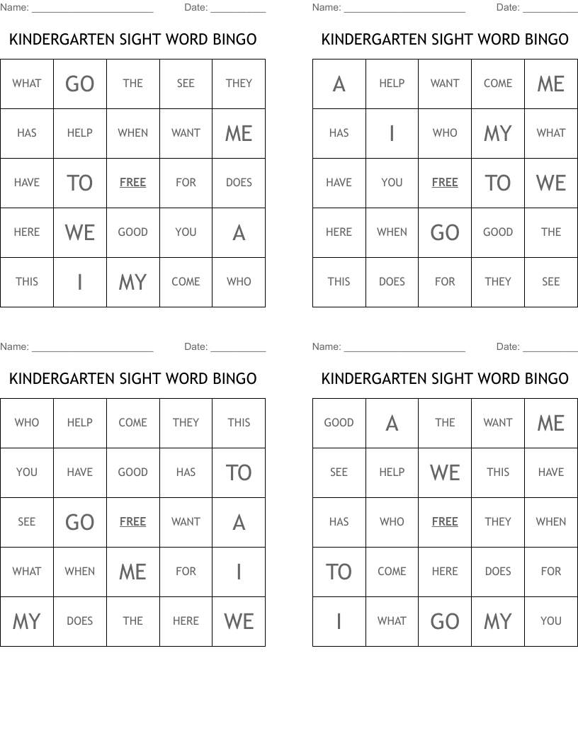 KINDERGARTEN SIGHT WORD BINGO