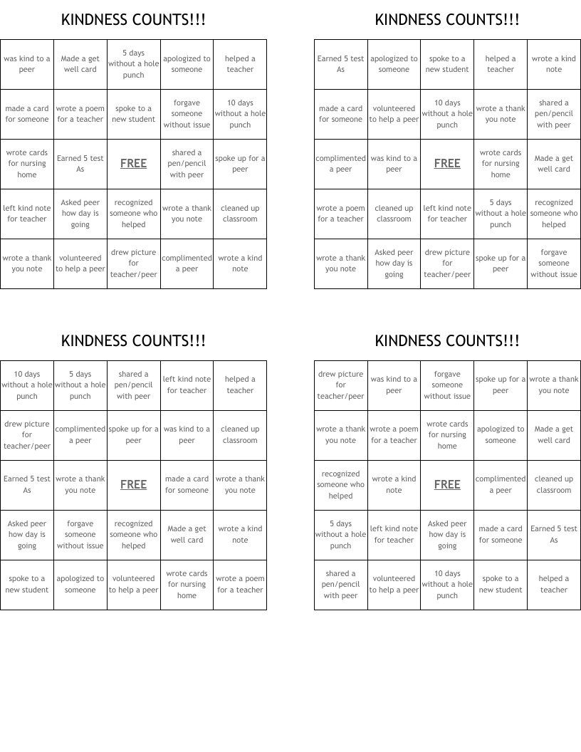 KINDNESS COUNTS!!! Bingo Cards