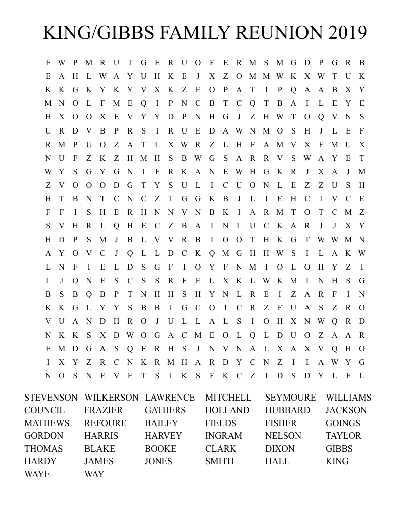 KING/GIBBS FAMILY REUNION 2019 Word Search