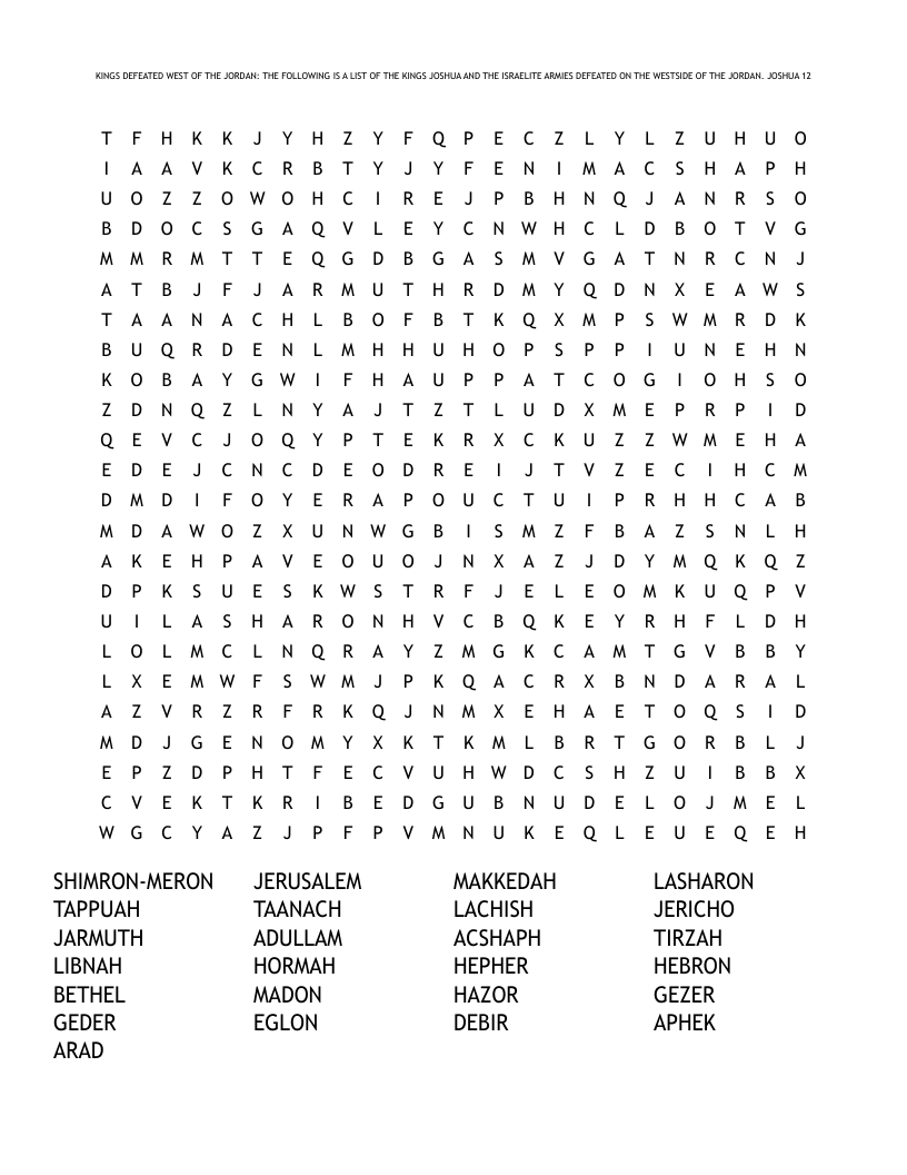 KINGS DEFEATED WEST OF THE JORDAN: THE FOLLOWING IS A LIST OF THE KINGS JOSHUA AND THE ISRAELITE ARMIES DEFEATED ON THE WESTSIDE OF THE JORDAN. JOSHUA 12 Word Search