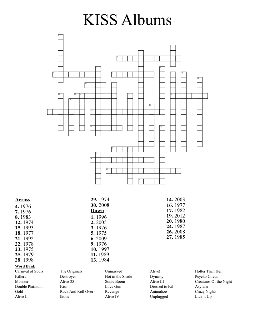 KISS Albums Crossword