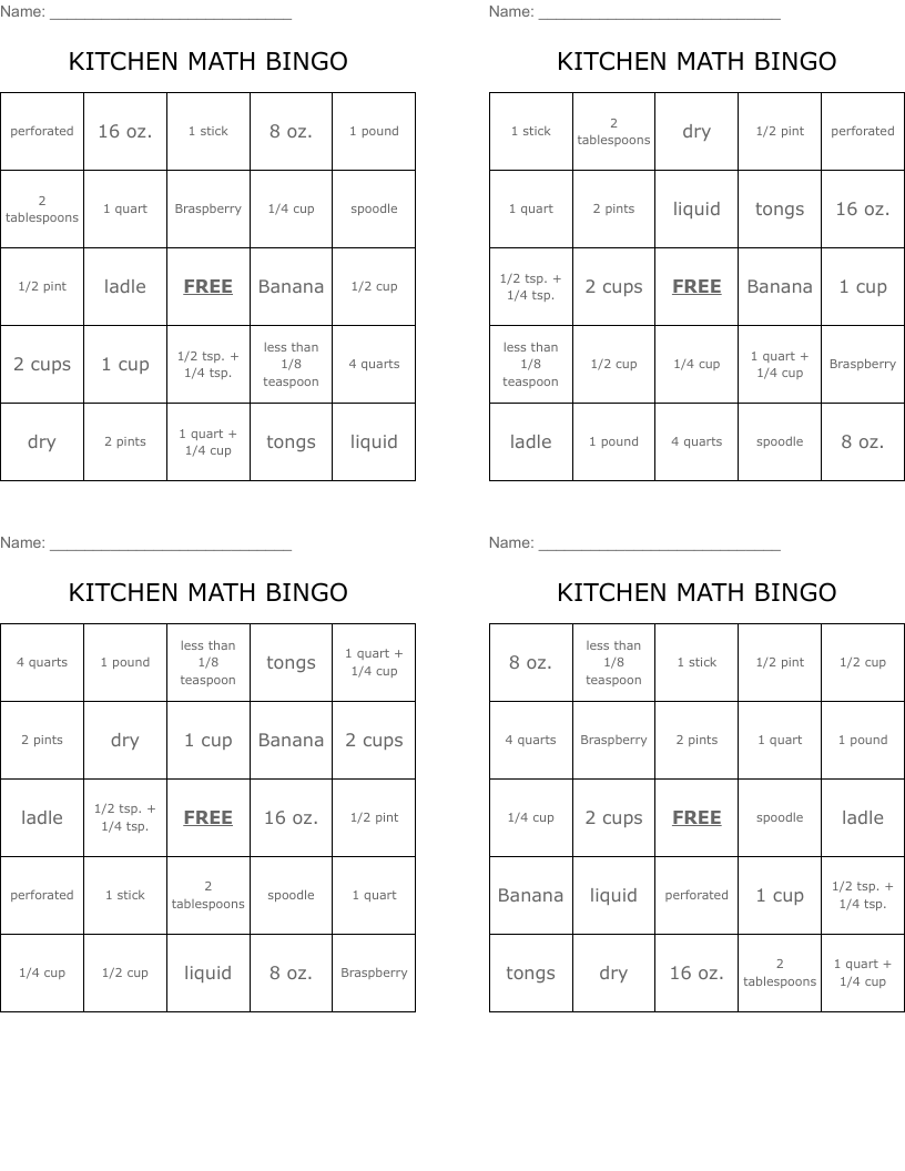 KITCHEN MATH BINGO
