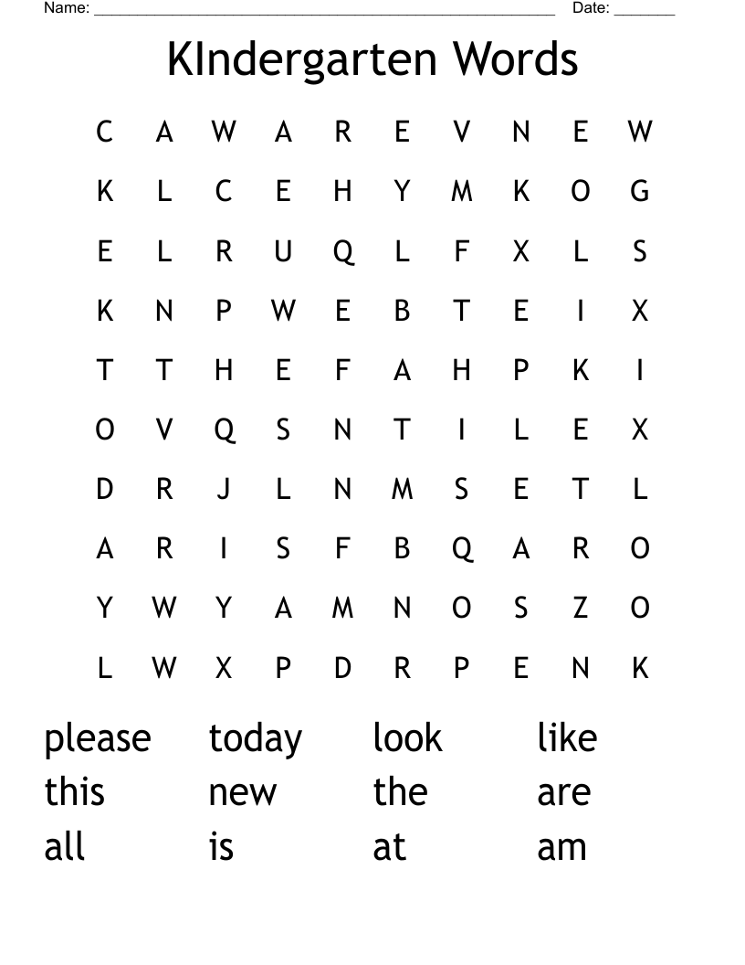 KIndergarten Words Word Search