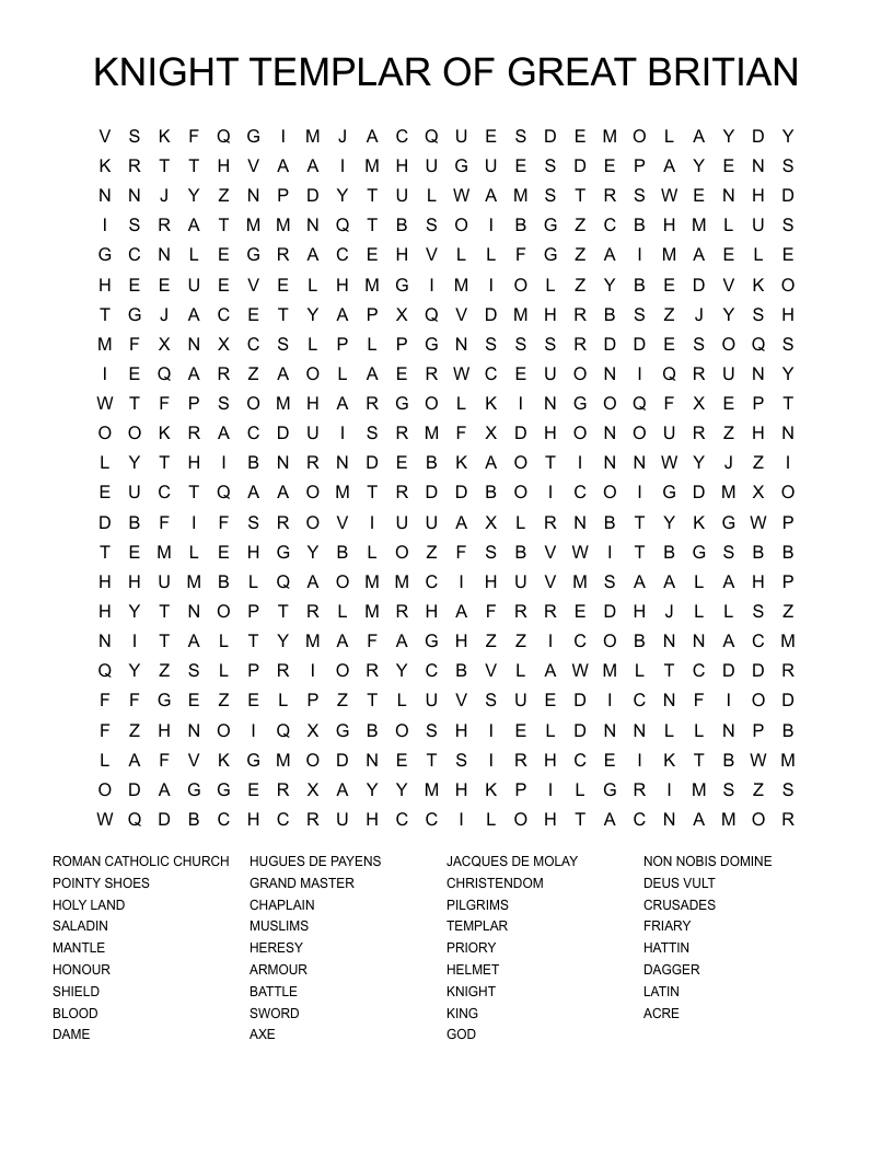 KNIGHT TEMPLAR OF GREAT BRITIAN Word Search