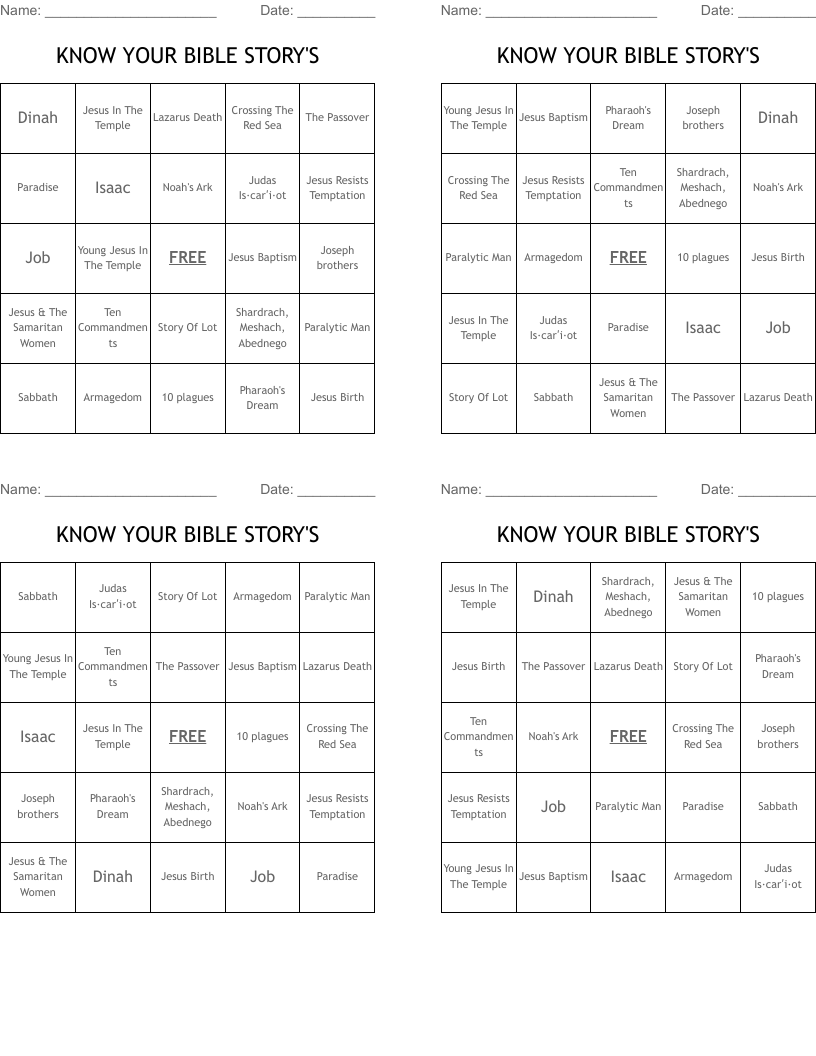 KNOW YOUR BIBLE STORY'S  Bingo Cards