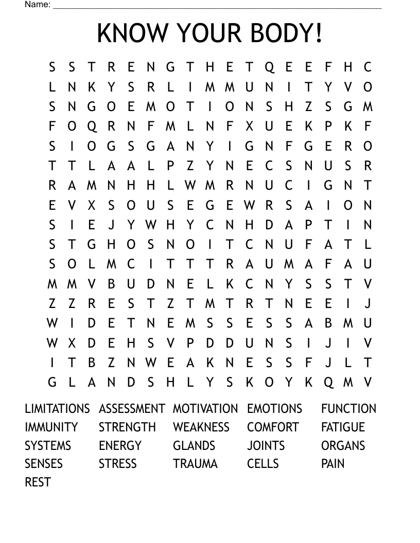 KNOW YOUR BODY! Word Search