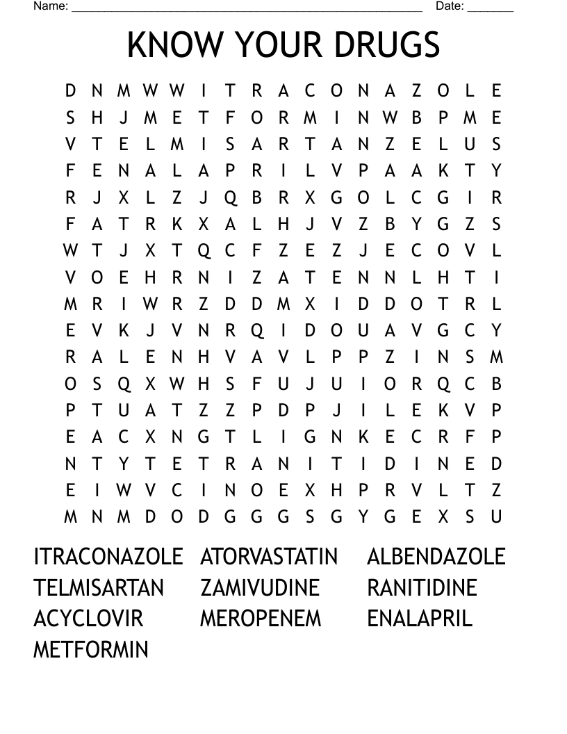 KNOW YOUR DRUGS Word Search
