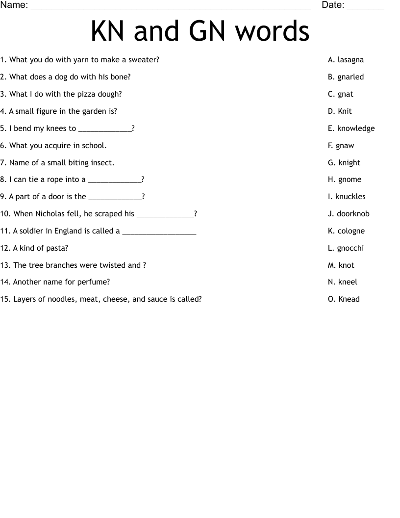 KN and GN words Worksheet