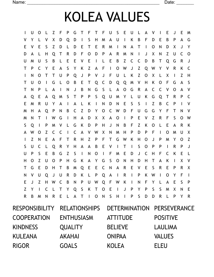 KOLEA VALUES Word Search