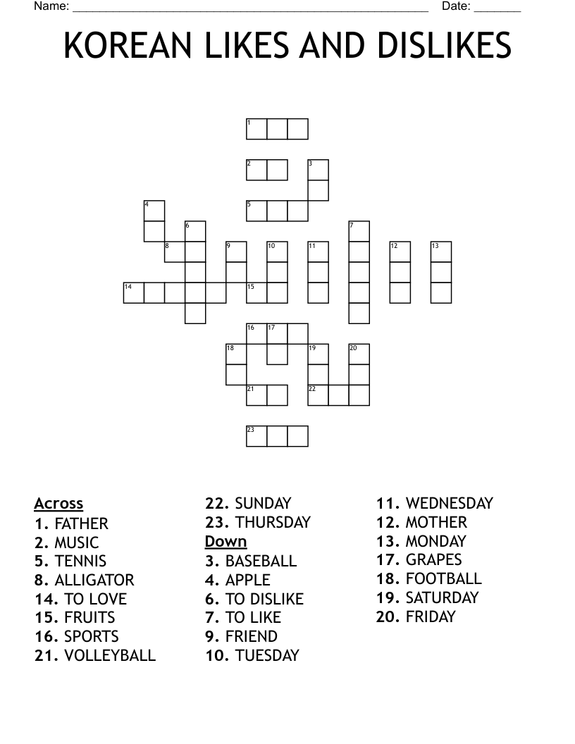 KOREAN LIKES AND DISLIKES Crossword