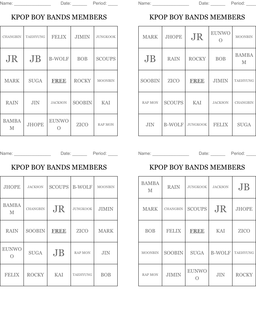 KPOP BOY BANDS MEMBERS Bingo Cards