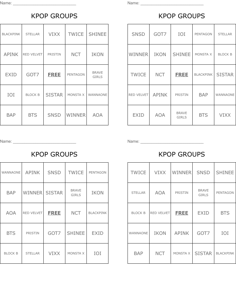 KPOP GROUPS Bingo Cards