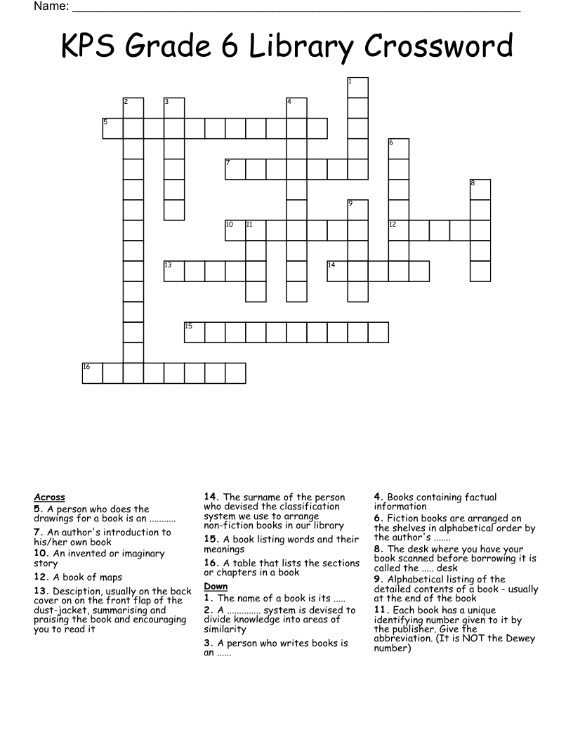KPS Grade 6 Library Crossword