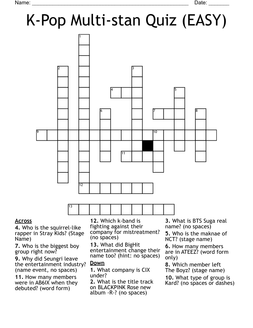 K-Pop Multi-stan Quiz (EASY) Crossword
